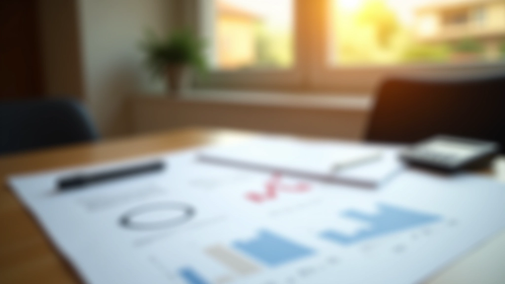 Environnement de travail moderne avec documents économiques, calculatrice et stylo sur bureau en bois